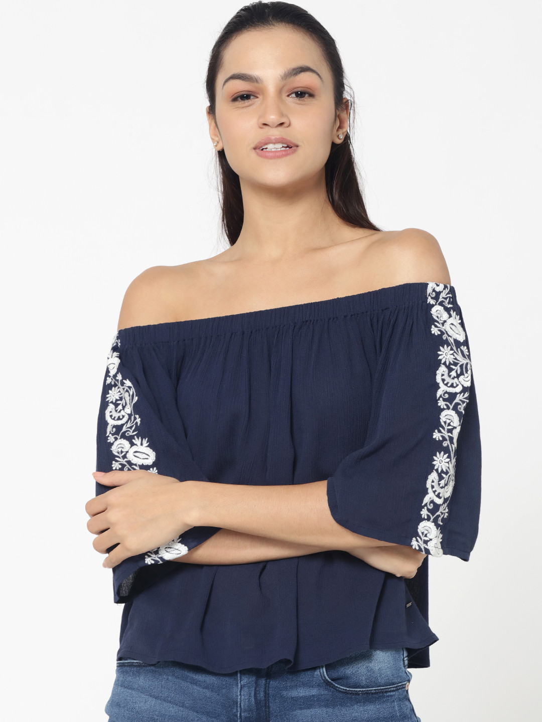 

ONLY Women Navy Blue Embroidered Bardot Top