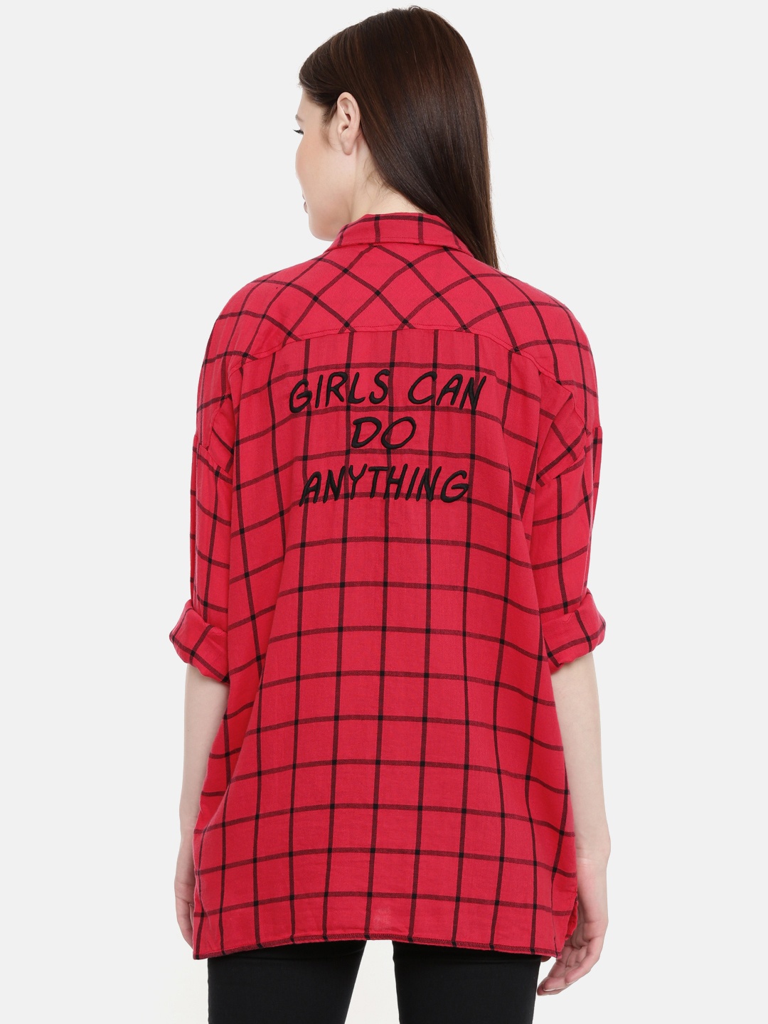 

ONLY Women Red & Black Checked Longline Casual Shirt