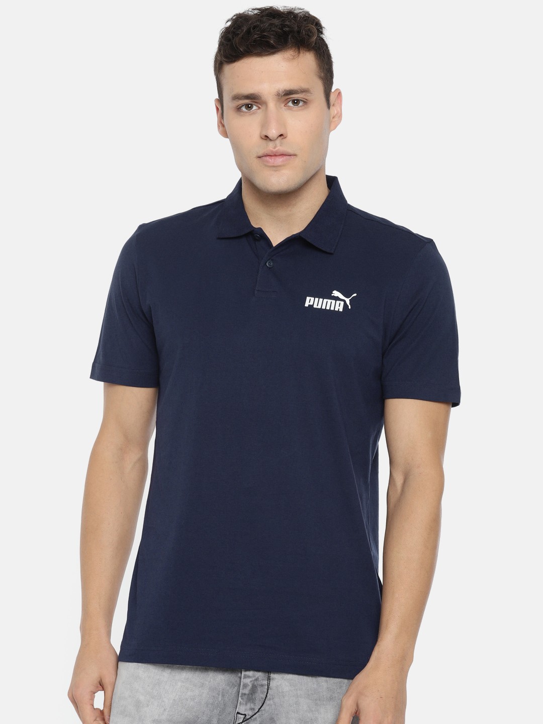 

Navy Blue Solid Ess Jersey Polo Pure Cotton T-shirt