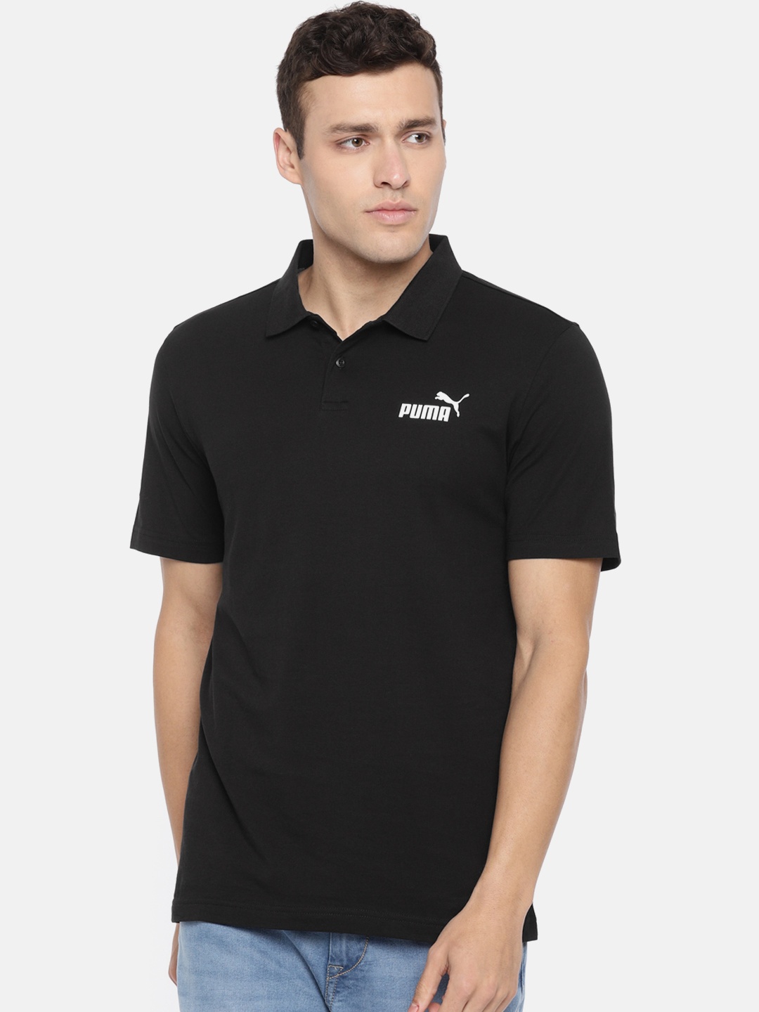 

Puma Men Black Solid ESS Jersey Polo Pure Cotton T-shirt