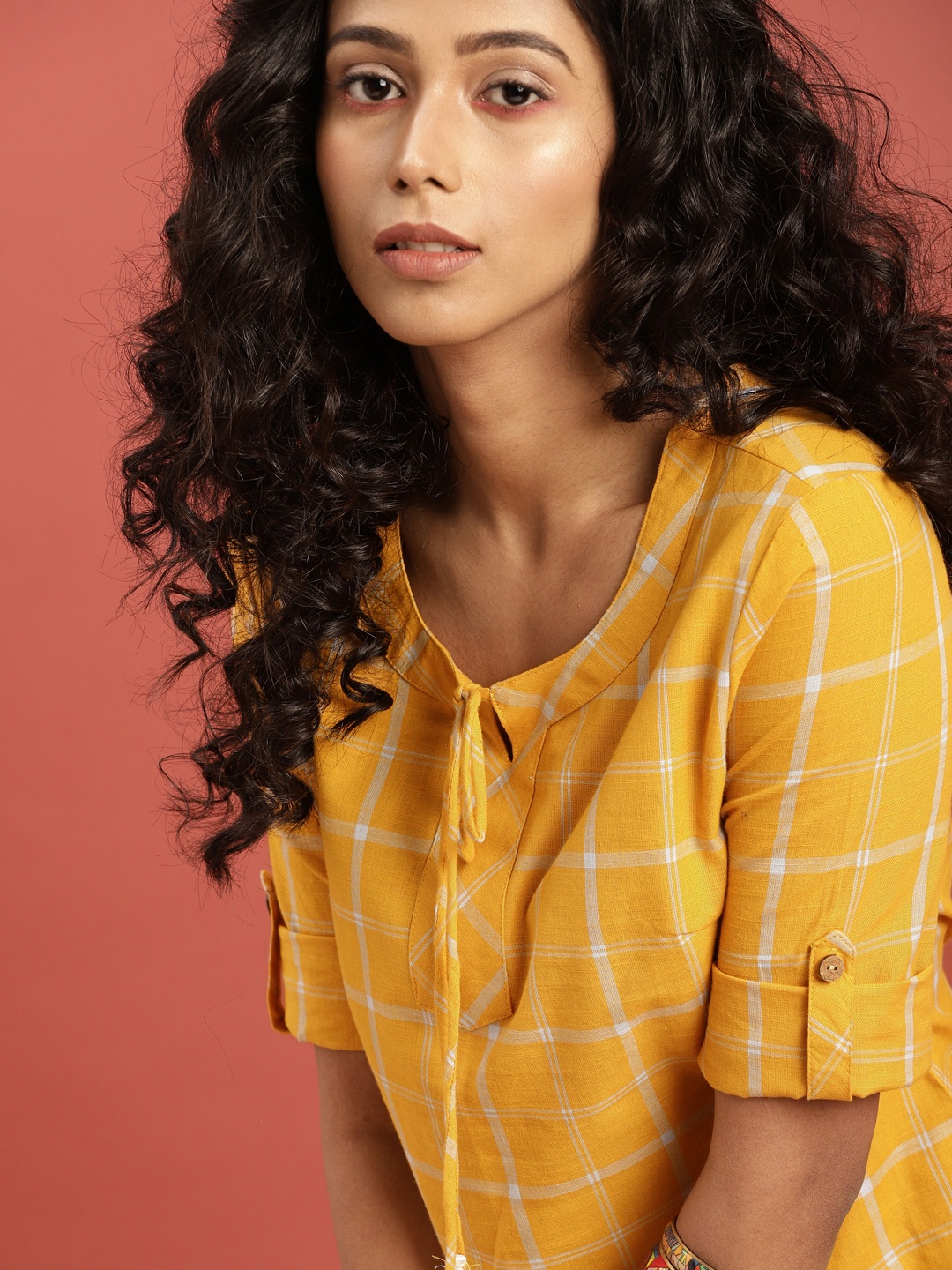 

Taavi Women Mustard Yellow Checked South Cotton Woven Legacy A-Line Pure Cotton Top