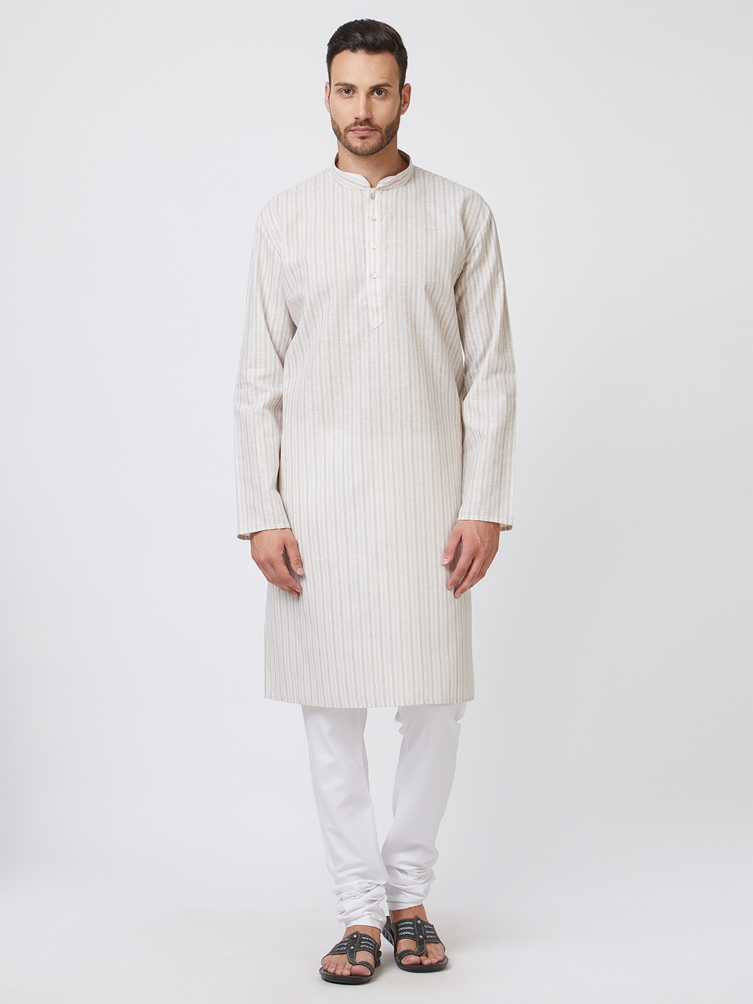 

Silk India Men Beige & Off-White Self Design Kurta with Churidar