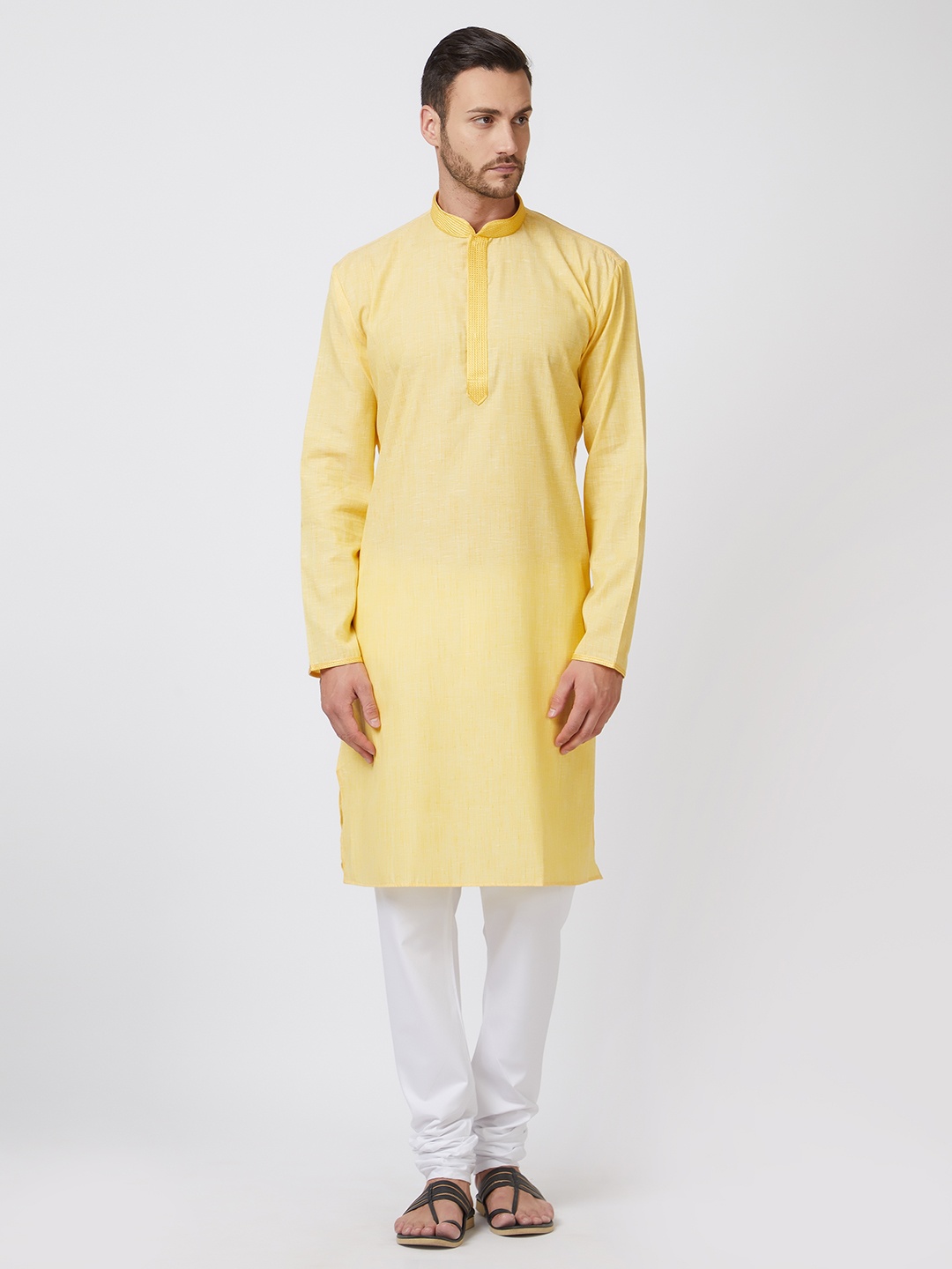 

Silk India Men Yellow Embroidered Kurta with Churidar