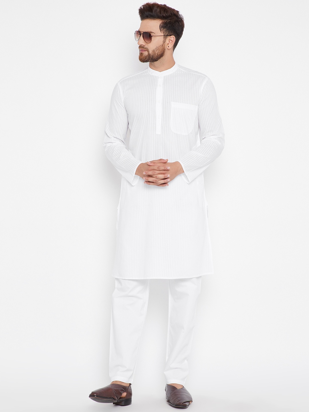 

even Men White Striped Kurta
