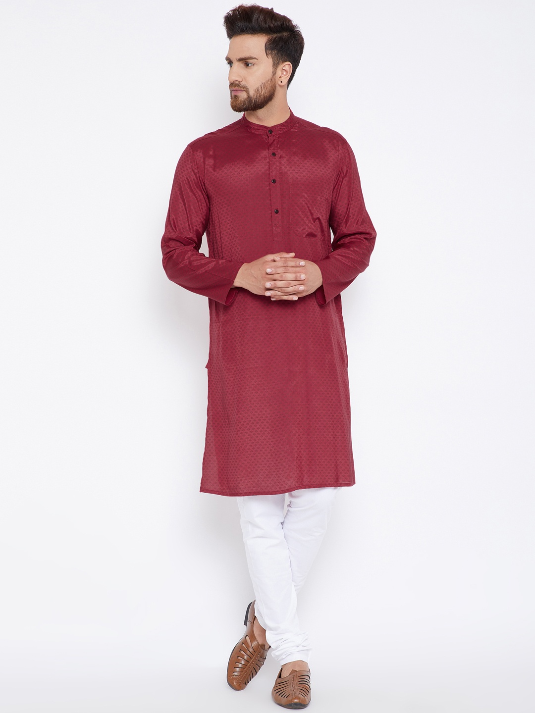 

even Men Maroon Woven Design A-Line Kurta