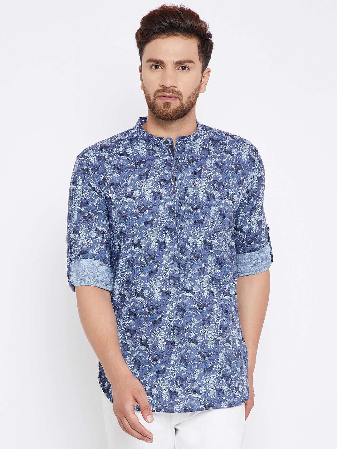 

even Men Blue & Off-White Printed Straight Kurta