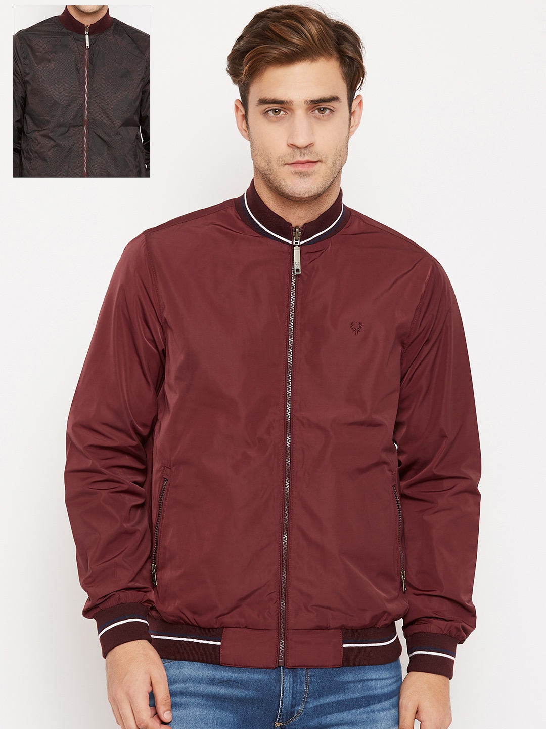 

Allen Solly Men Burgundy & Black Reversible Bomber Jacket