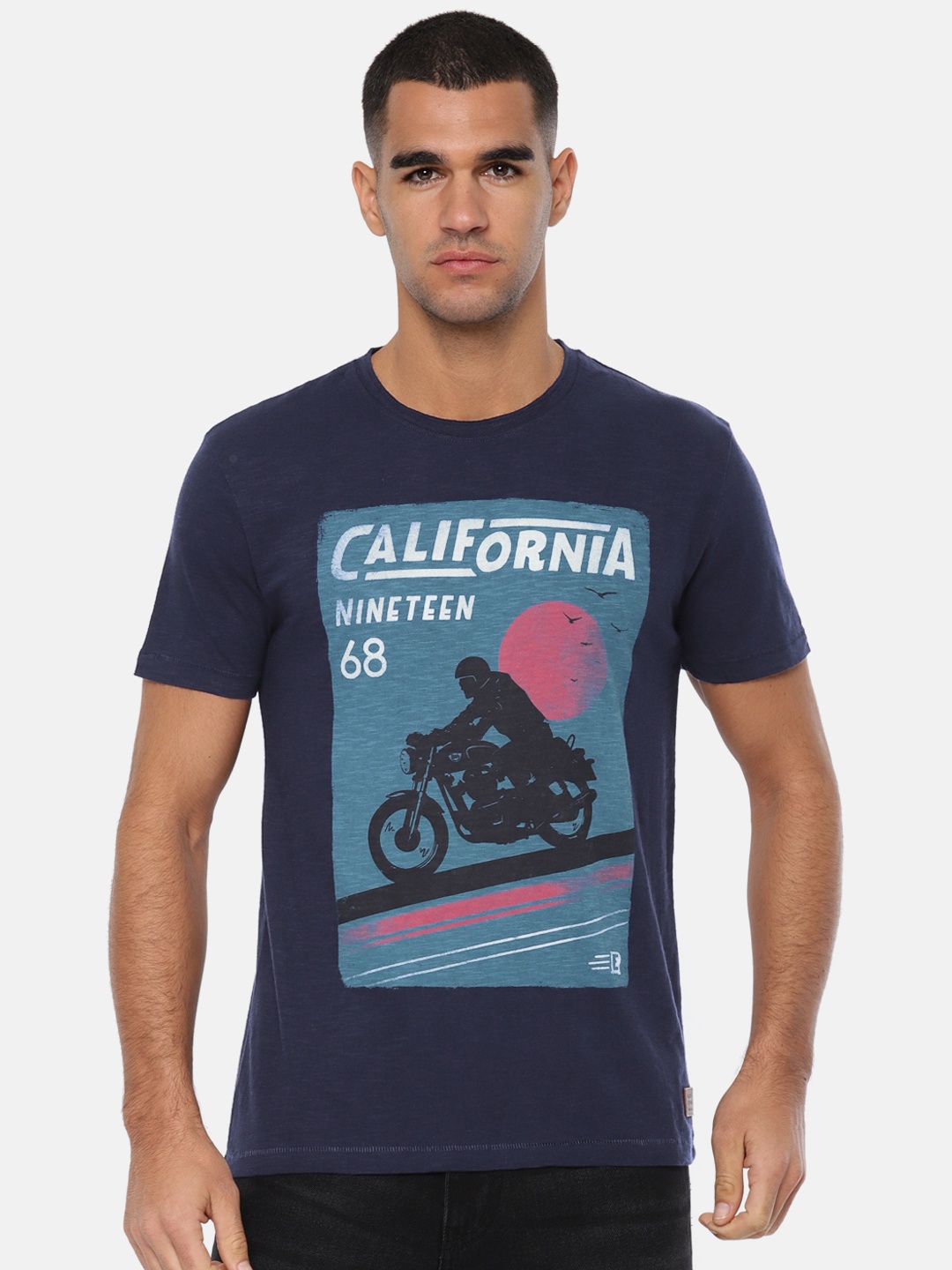 

Royal Enfield Men Blue Printed Round Neck T-shirt