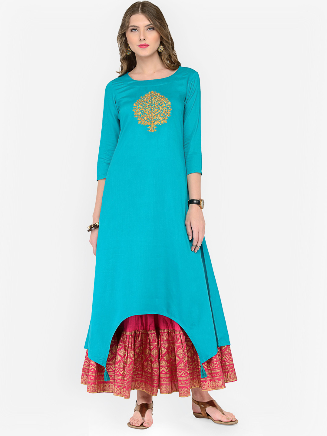 

Varanga Women Blue & Gold-Toned Embroidered Kurta with Skirt