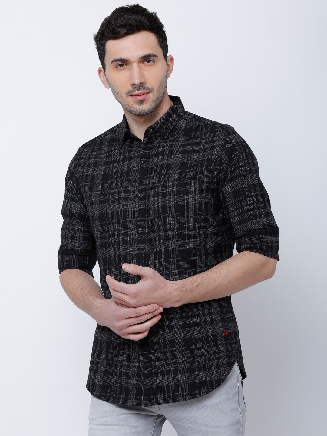 

LOCOMOTIVE Men Black & Grey Slim Fit Checked Casual Shirt