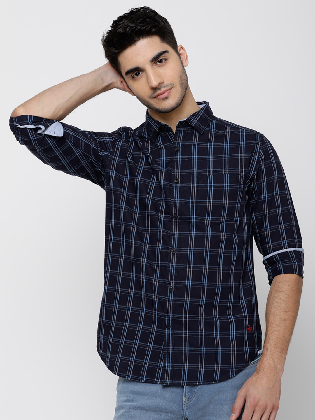

LOCOMOTIVE Men Navy Blue & Blue Slim Fit Checked Casual Shirt