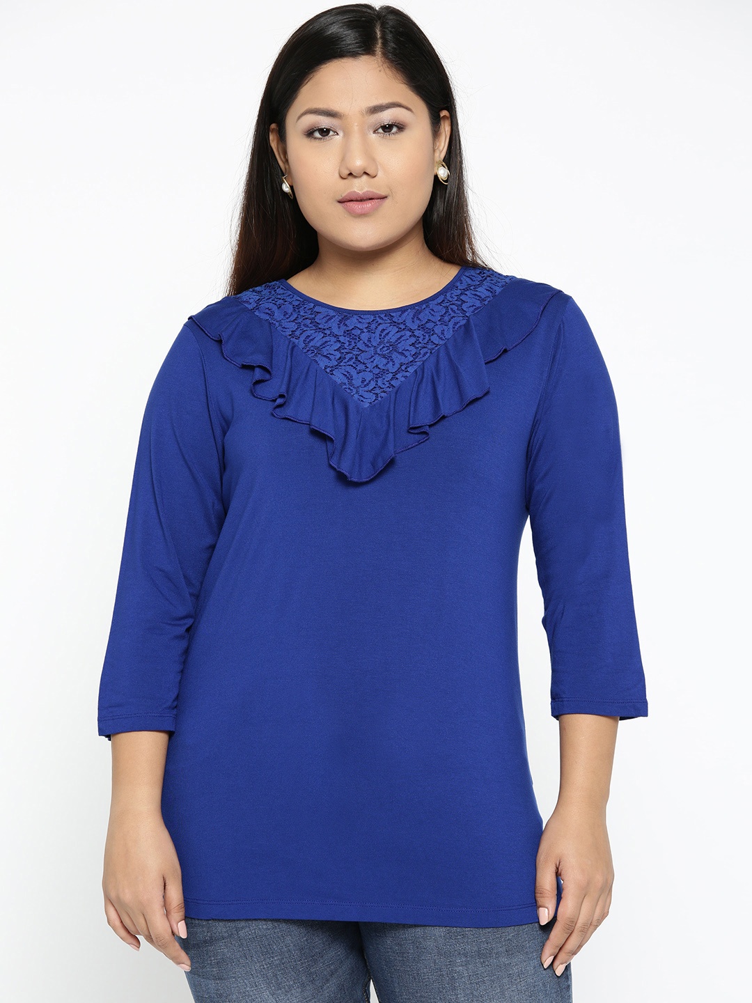 

aLL Plus Size Ruffles Detail Full Sleeves Top, Blue