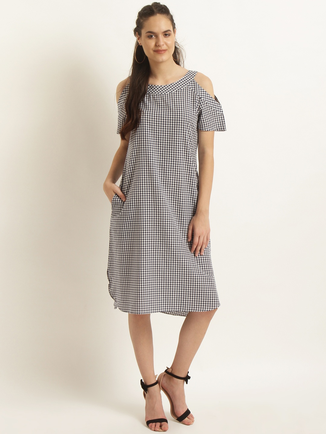 

RARE Women Navy Blue Checked A-Line Dress