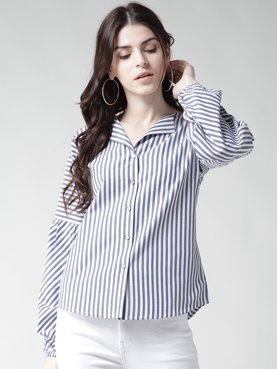 

Style Quotient by Noi Women Navy Blue & White Contemporary Fit Striped Casual Shirt