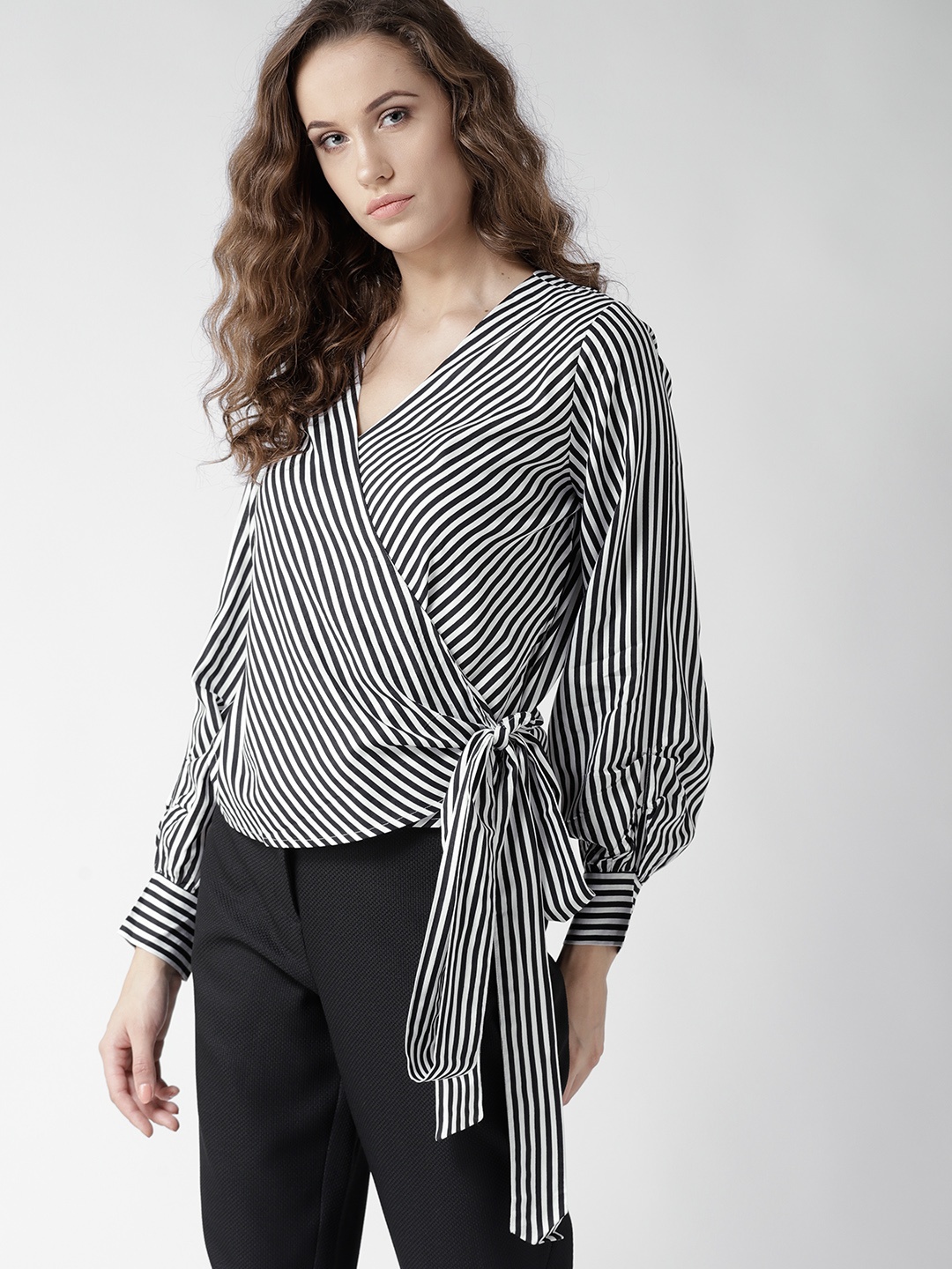 

Style Quotient Women White & Black Striped Wrap Top