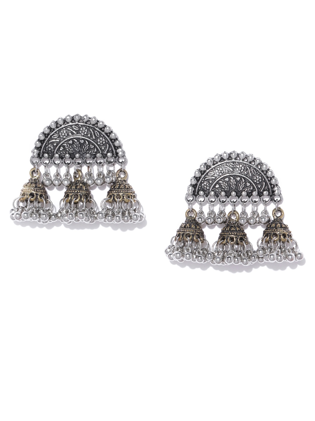 

Infuzze Oxidised Silver & Antique Gold-Toned Classic Jhumkas