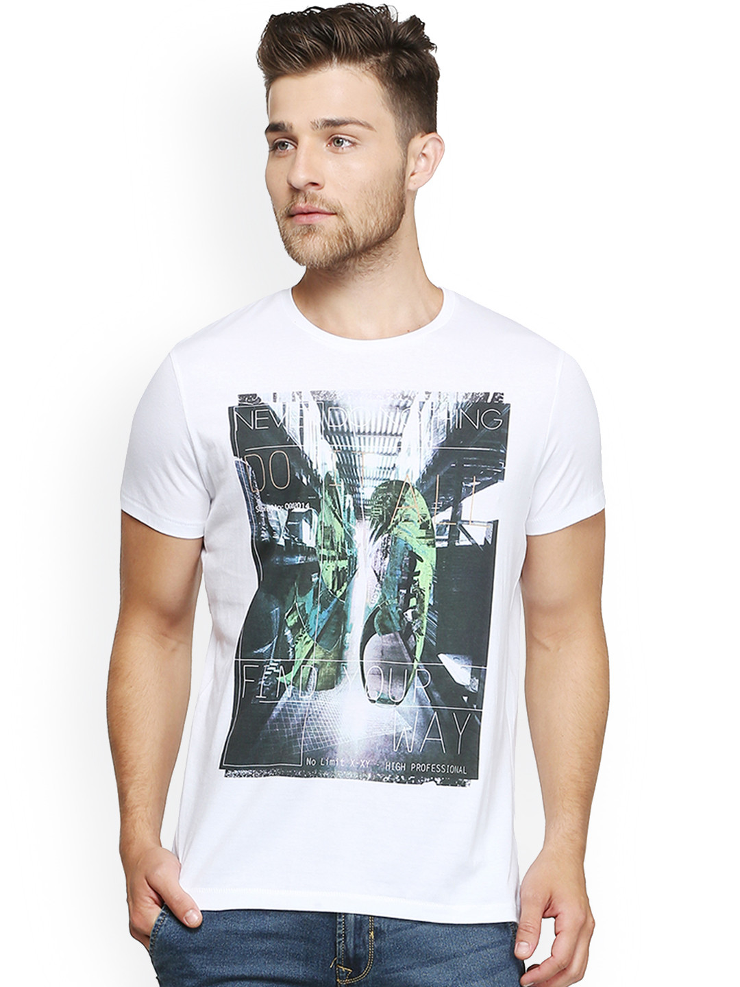 

People Men White Printed Round Neck T-shirt