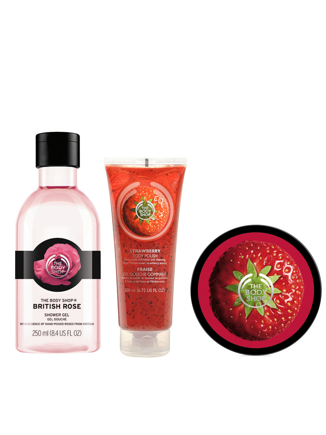

THE BODY SHOP Unisex British Rose Shower Gel Strawberry Body Polish & Body Butter, Pink