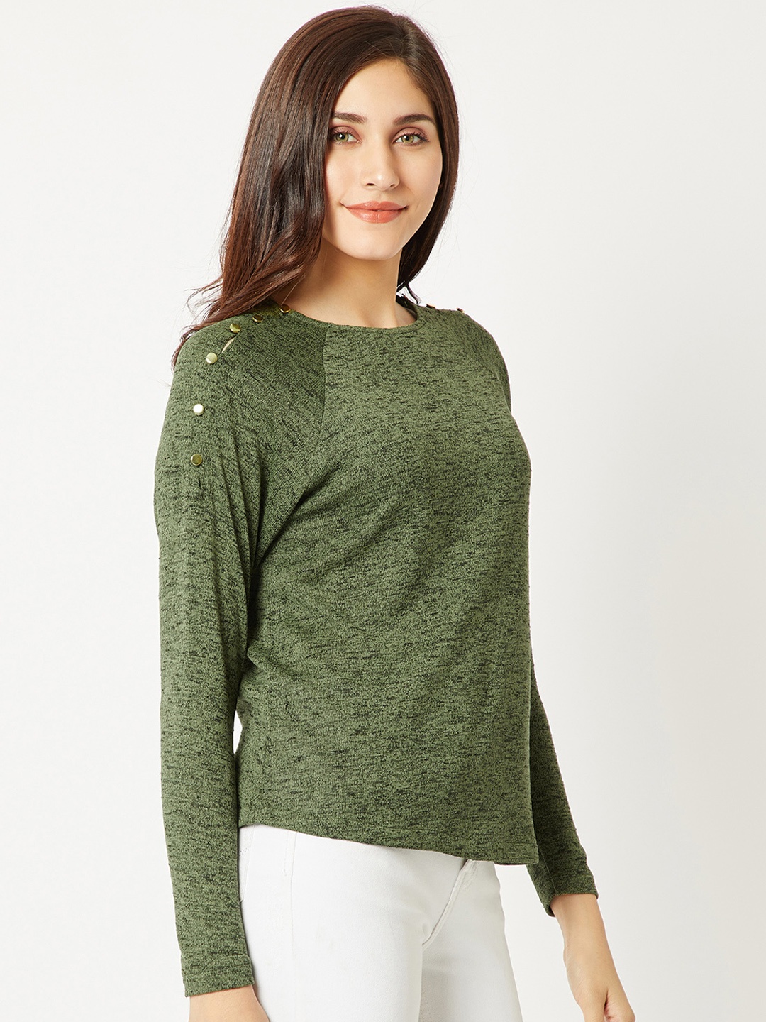 

Miss Chase Women Olive Green Self Design Pure Cotton Top