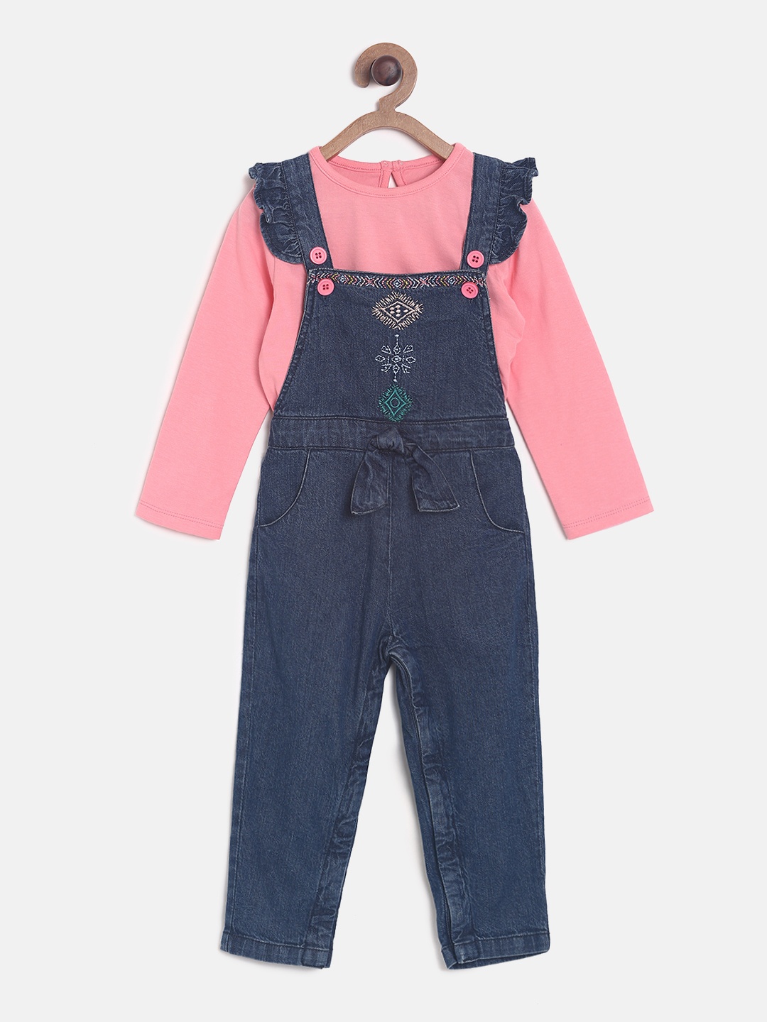 

MINI KLUB Girls Navy Blue Dunagree With Pink Solid Top