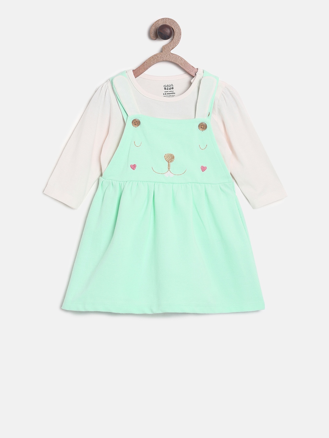 

MINI KLUB Girls Sea Green Solid Pinafore Dress with T-shirt, Rose gold