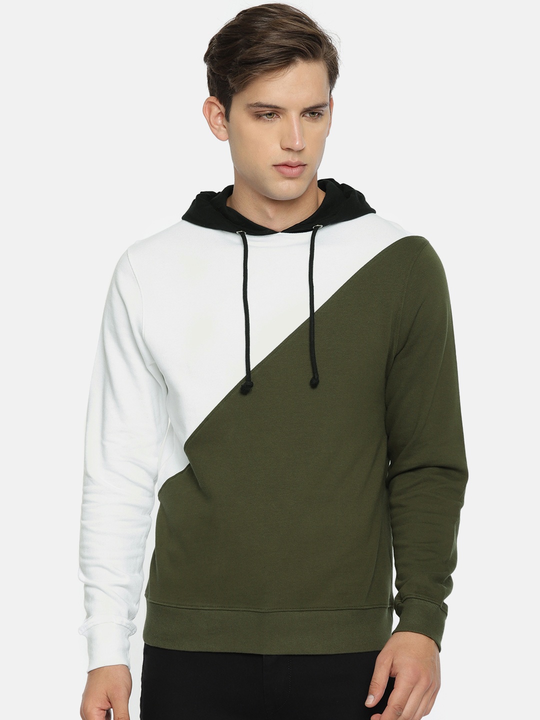 

ARISE Men Olive Green & White Colourblocked Hooded Sweatshirt