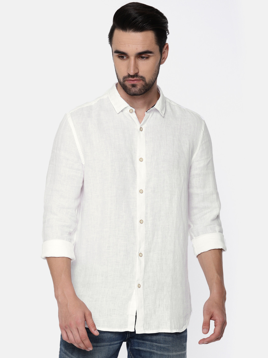 

Jack & Jones Men White Linen Premium Slim Fit Solid Casual Shirt