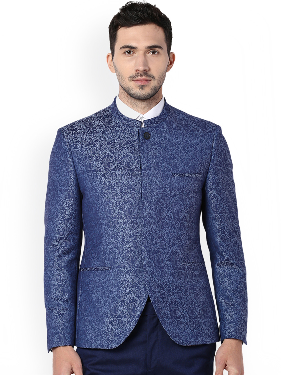 

V Dot Men Blue Self-Design Bandhgala Blazer