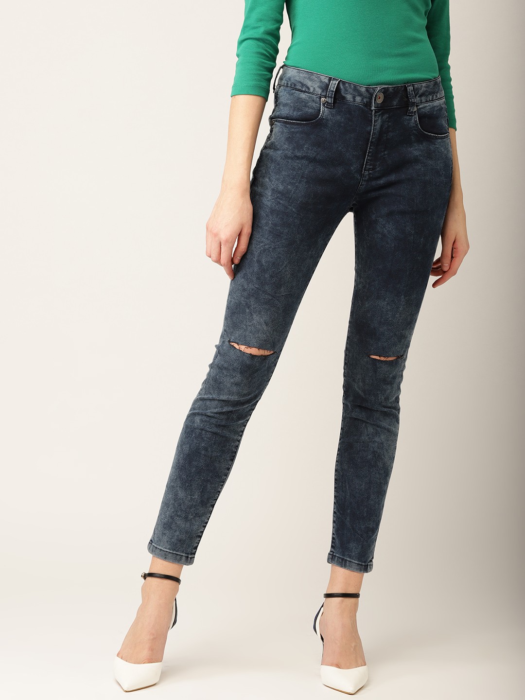 

United Colors of Benetton Women Navy Blue Slash Knee Washed Jeggings