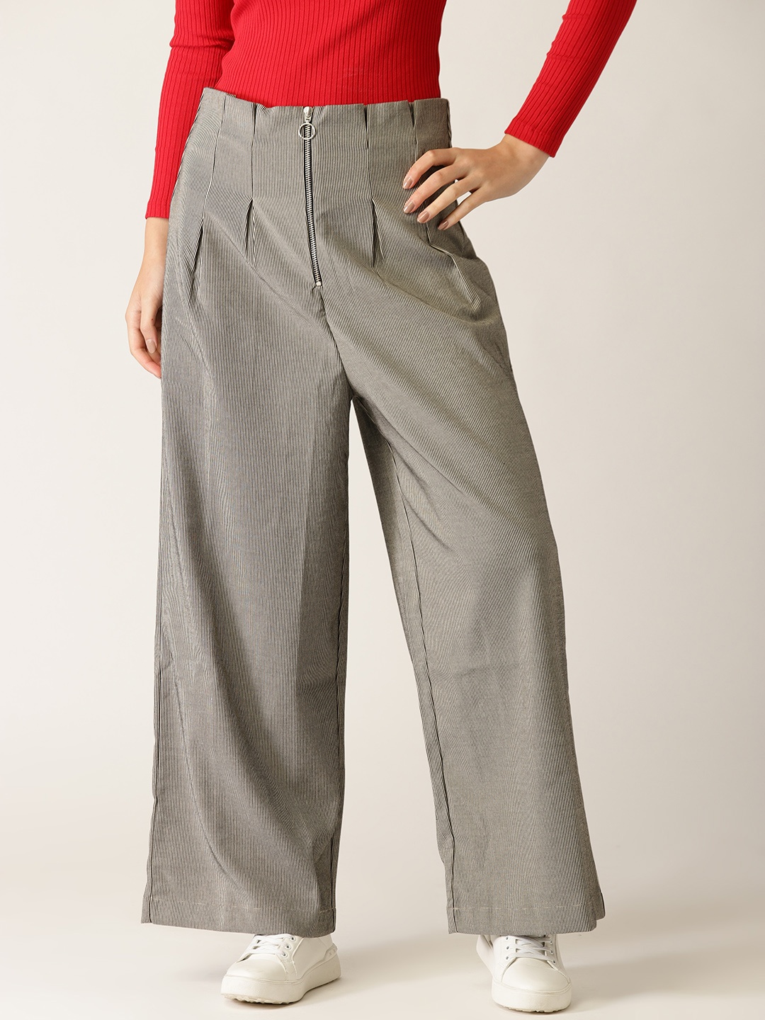 

United Colors of Benetton Women Black & White Regular Fit Striped Parallel Trousers