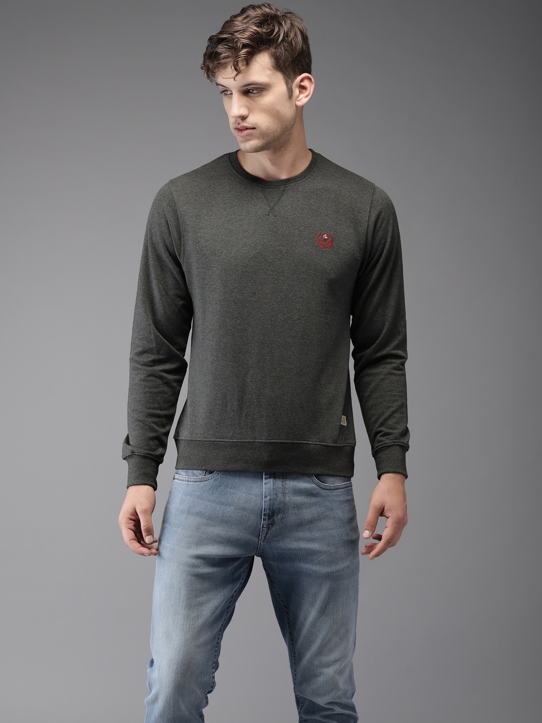 

Flying Machine Men Charcoal Grey Solid Sweatshirt