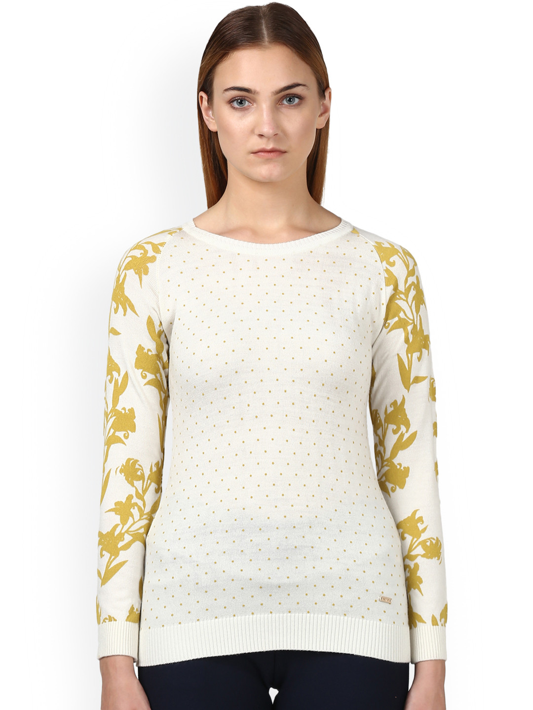 

Park Avenue Woman White & Mustard Yellow Printed Pullover