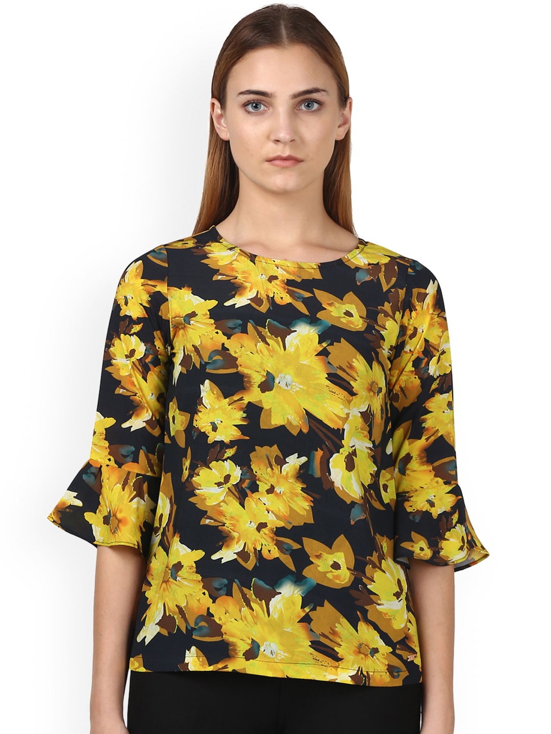 

Park Avenue Woman Black & Yellow Printed Regular Top