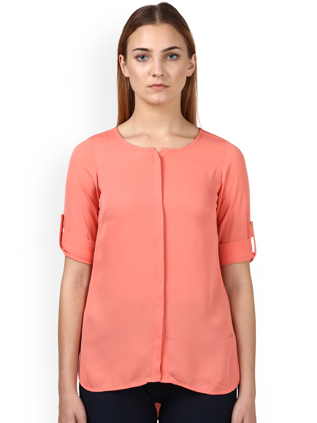 

Park Avenue Woman Peach-Coloured Solid High-Low Top