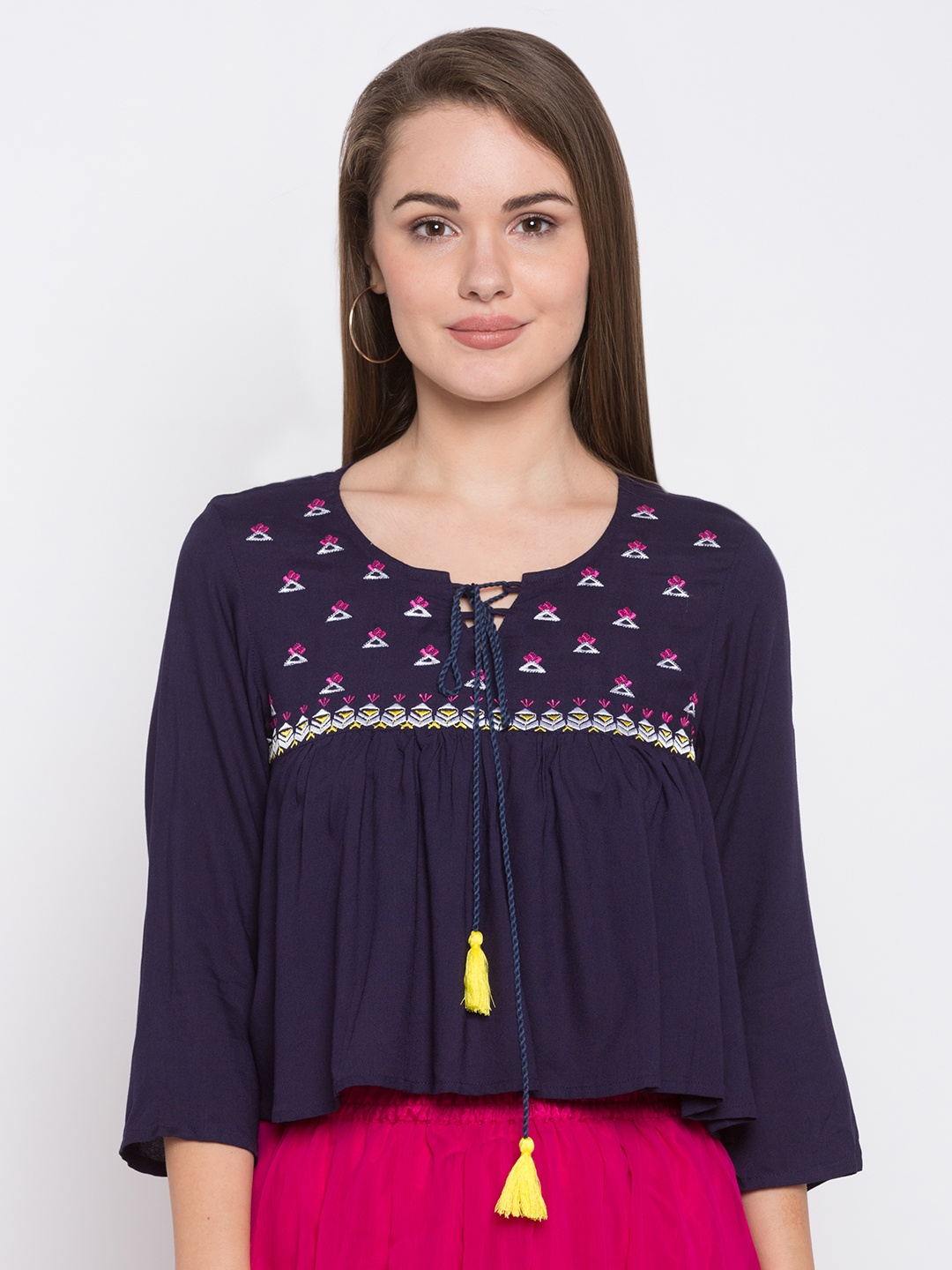 

Globus Women Navy Blue Printed Empire Top
