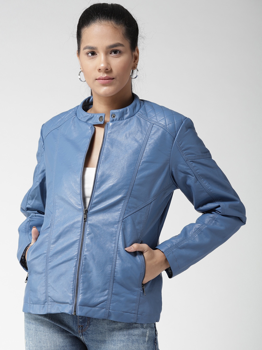 

Fort Collins Women Blue Solid Biker Jacket