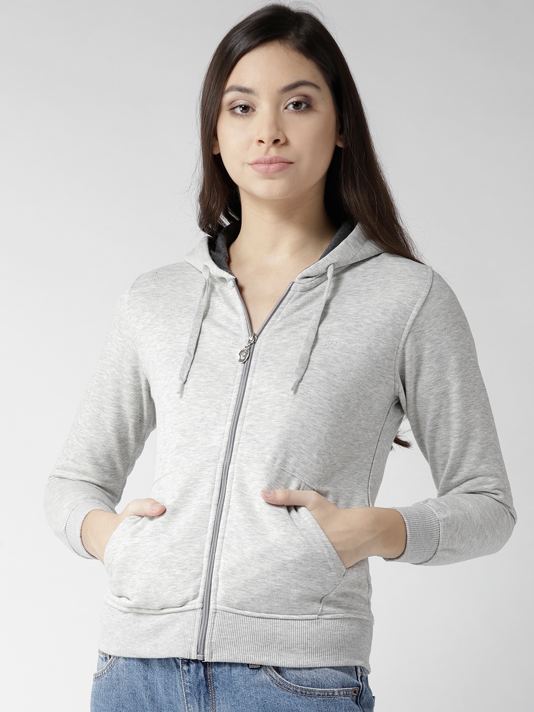 

Fort Collins Women Grey Melange Solid Hooded Sweatshirt