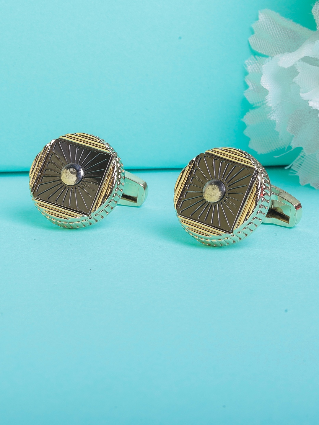 

JEWEL JUNCTION Gold-Toned & Black Textured Round Cufflinks