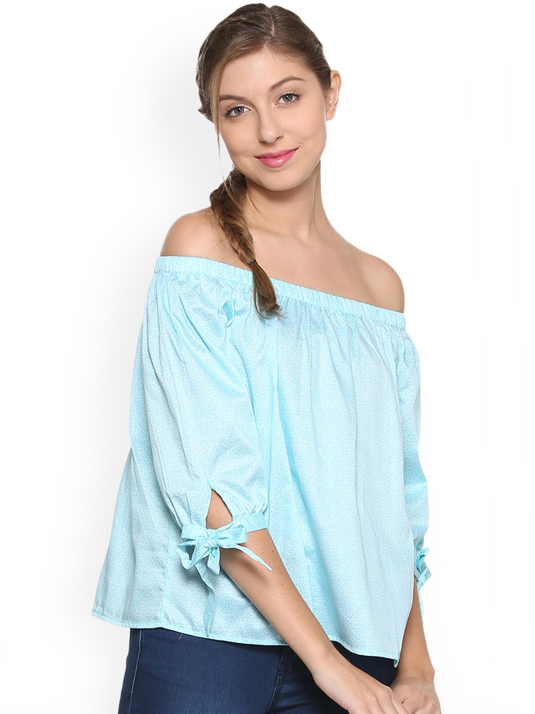 

Allen Solly Woman Blue Printed Bardot Pure Cotton Top