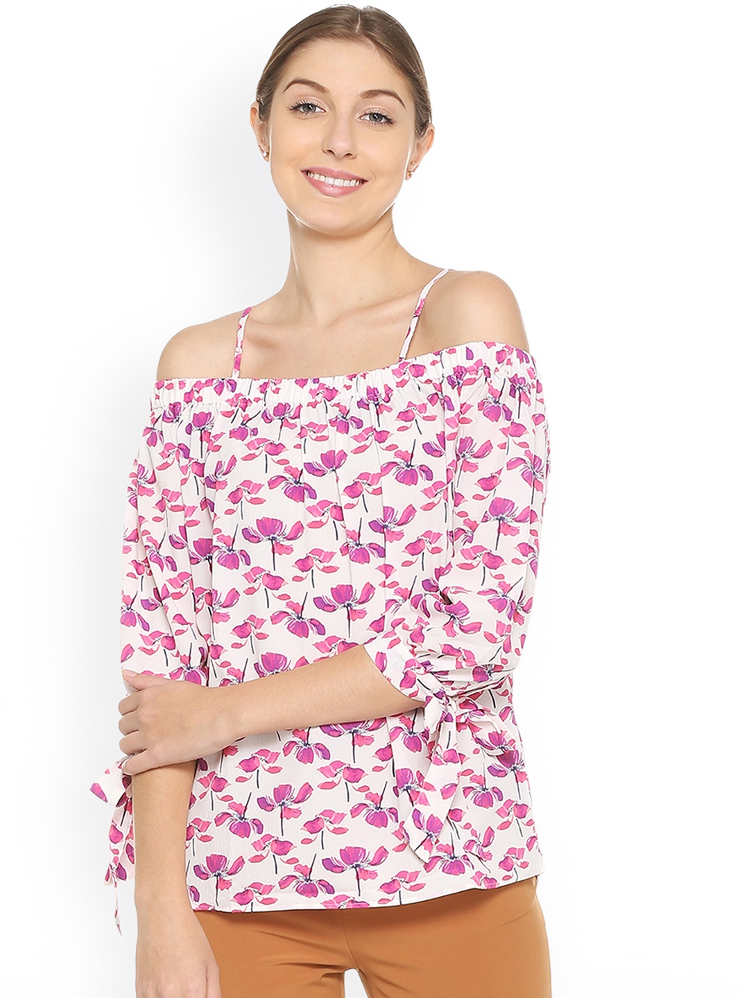 

Allen Solly Woman Cream-Coloured & Pink Printed Bardot Top