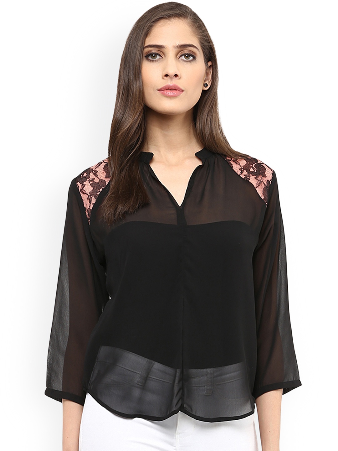 

Zima Leto Women Black Solid Sheer Shirt Style Top