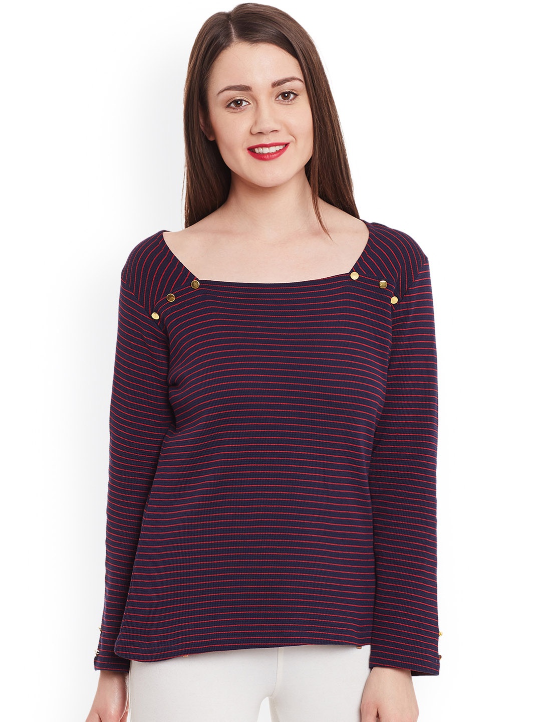 

Zima Leto Women Navy Blue & Red Striped Top
