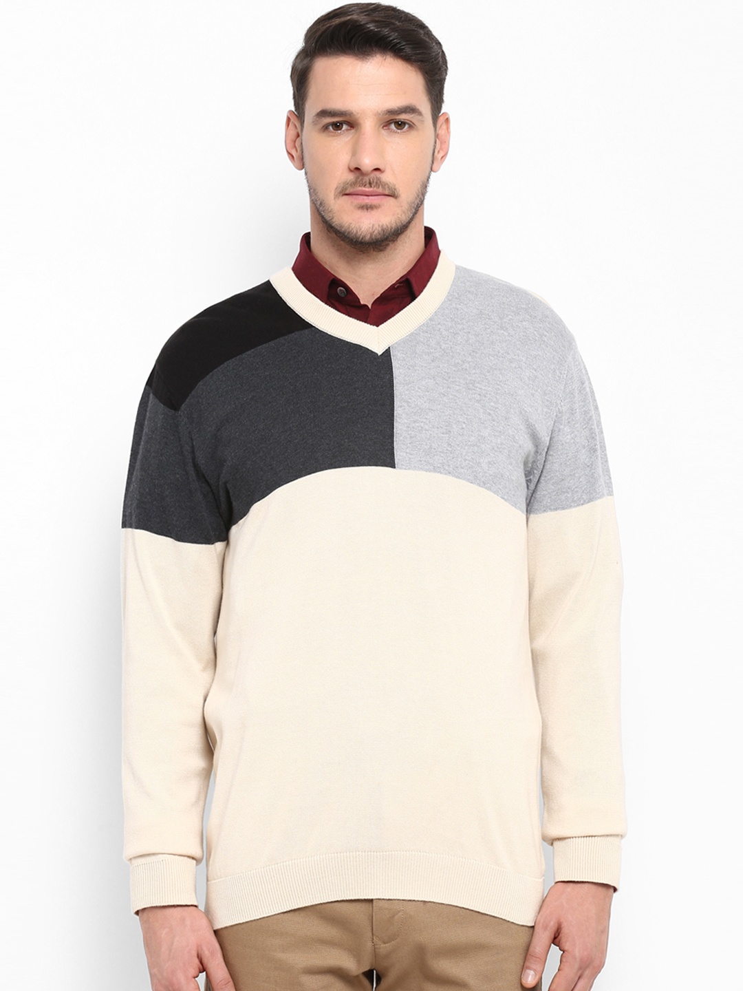 

ColorPlus Men Colourblocked Pullover, Cream