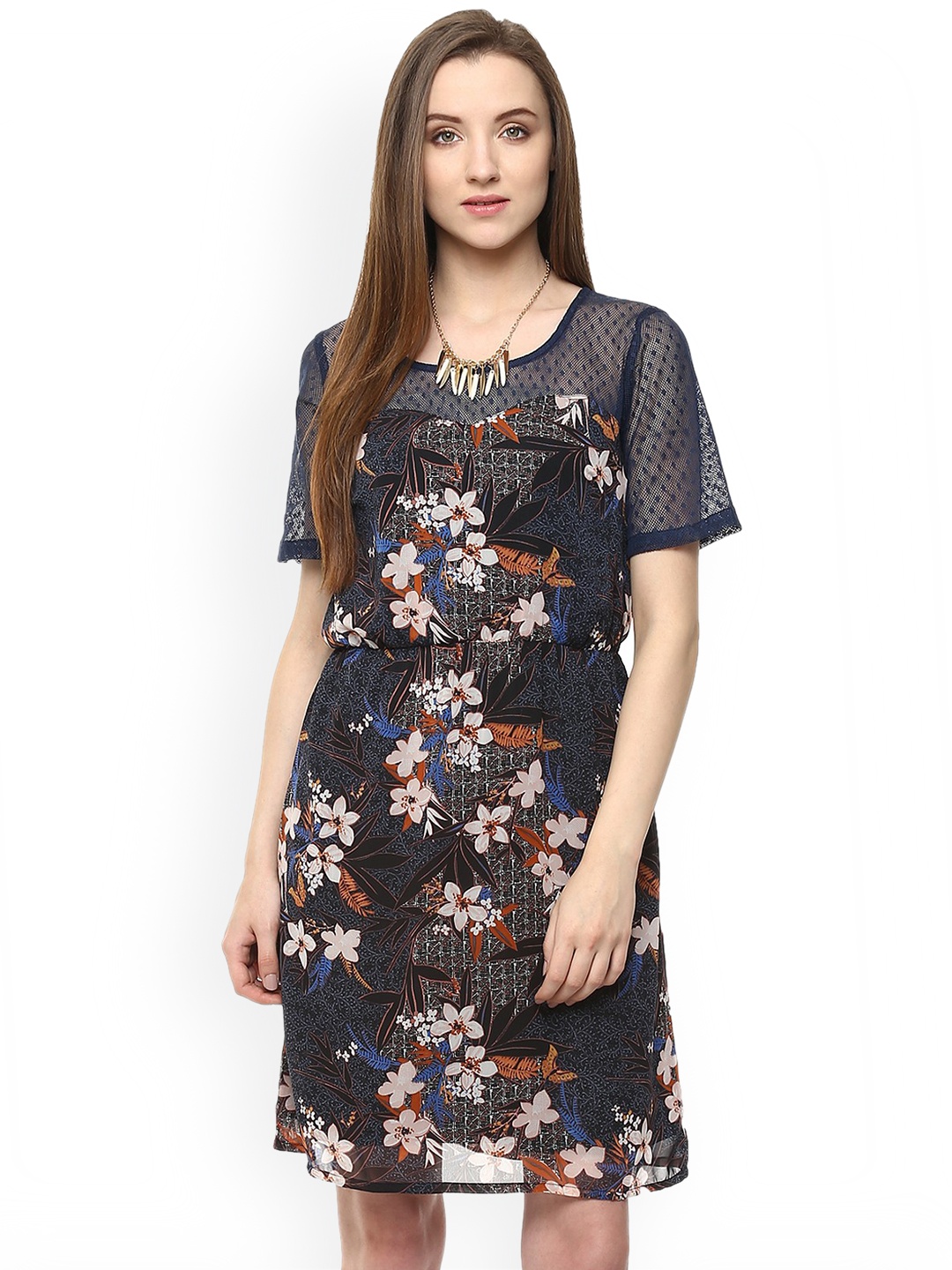 

Zima Leto Women Navy Blue Floral Print Fit and Flare Dress