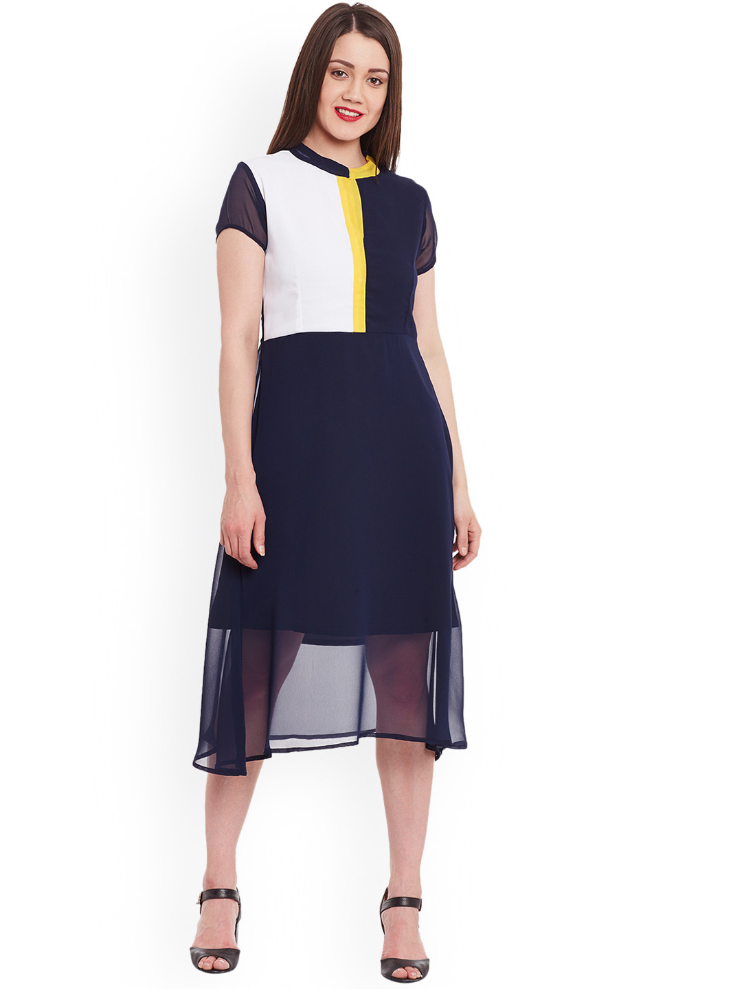 

Zima Leto Women Navy Blue & White Colourblocked Fit and Flare Dress