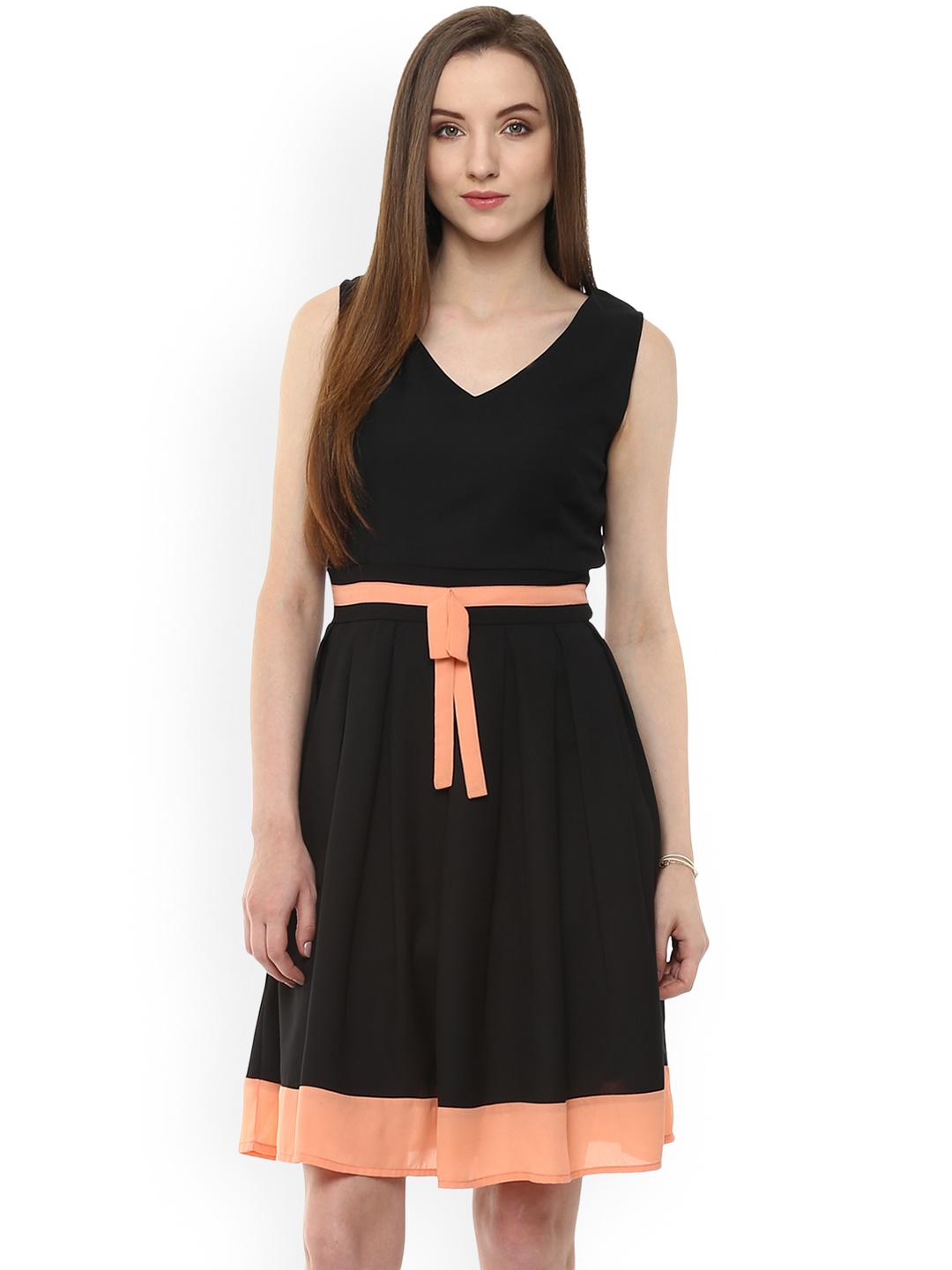 

Zima Leto Women Black & Peach Colourblocked Fit and Flare Dress