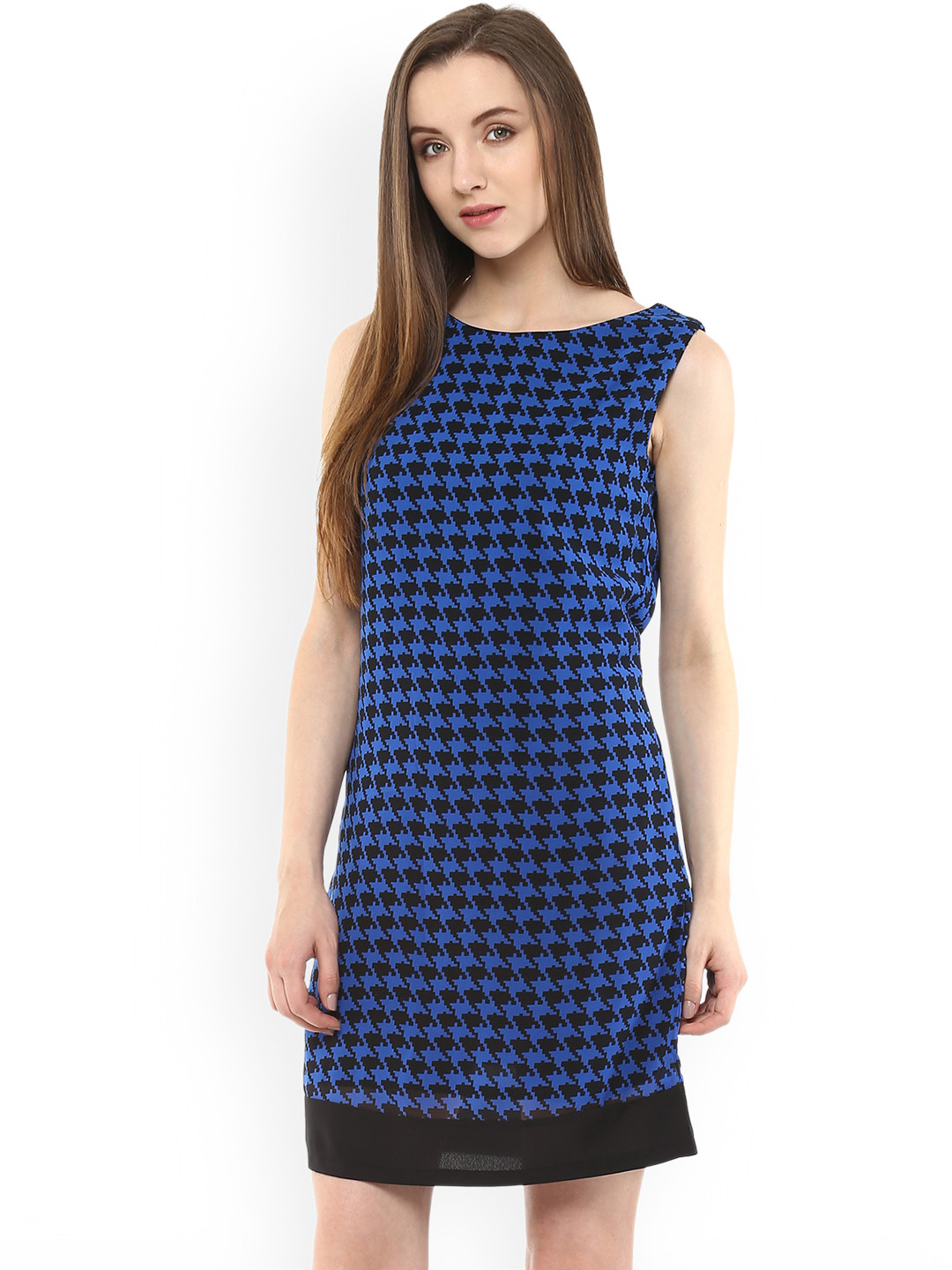 

Zima Leto Women Blue Houndstooth Print Sheath Dress