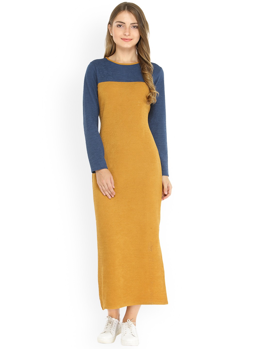

Zima Leto Women Mustard Yellow & Blue Colourblocked Maxi Dress