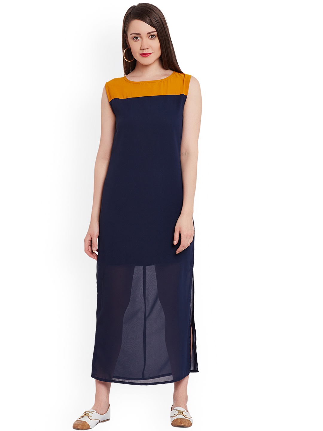 

Zima Leto Women Navy Blue & Mustard Yellow Colourblocked Maxi Dress