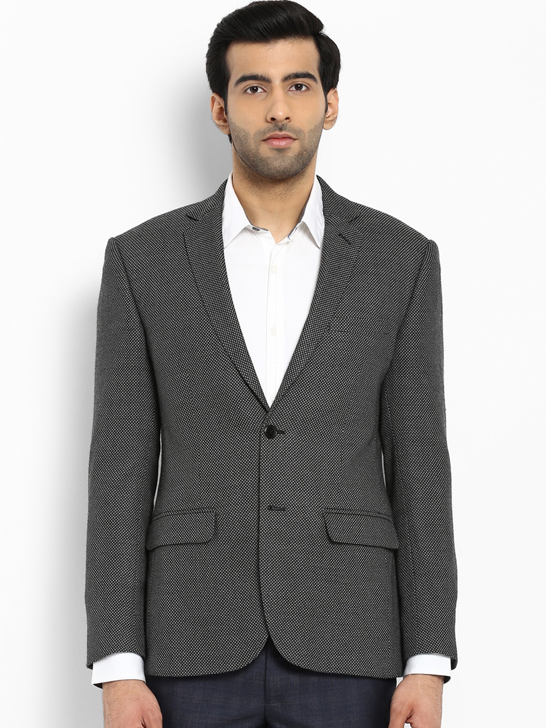 

Park Avenue Mens Black Self-Design Single-Breasted Slim Fit Formal Blazer
